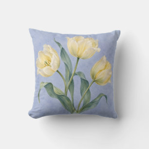 Cream Yellow Tulips Powder Blue Botanical Watercol Cushion