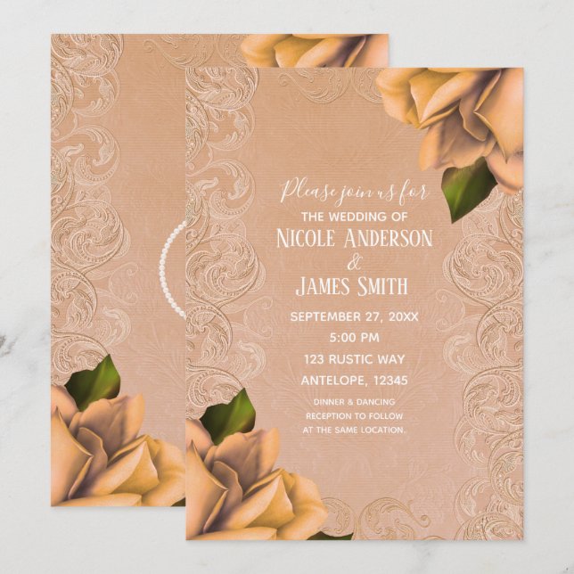 Cream Yellow Vintage Antique Rose Elegant Wedding Invitation (Front/Back)