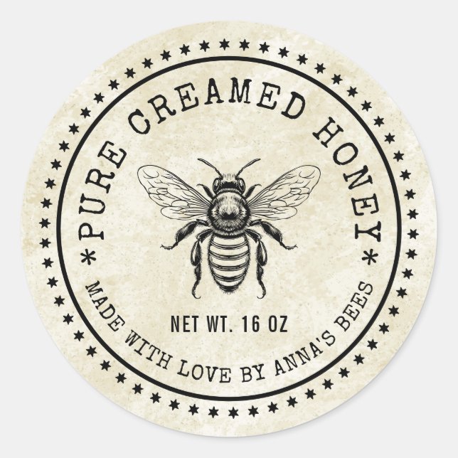 Creamed honey label with bee vintage background (Front)