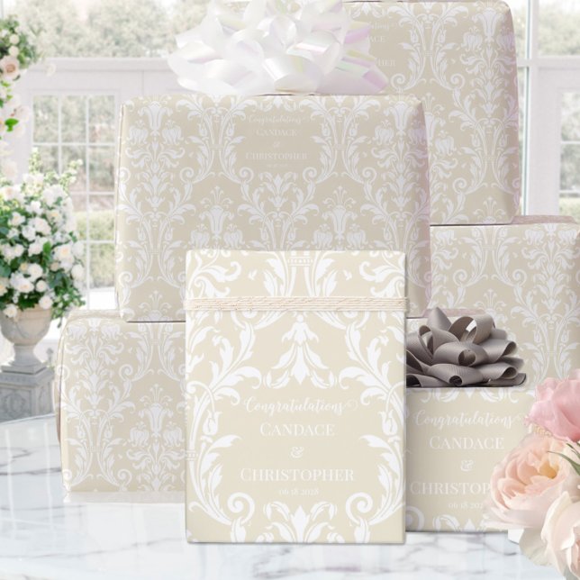 Creamy Almond White Damask Add Name Congratulation Wrapping Paper (Creator Uploaded)