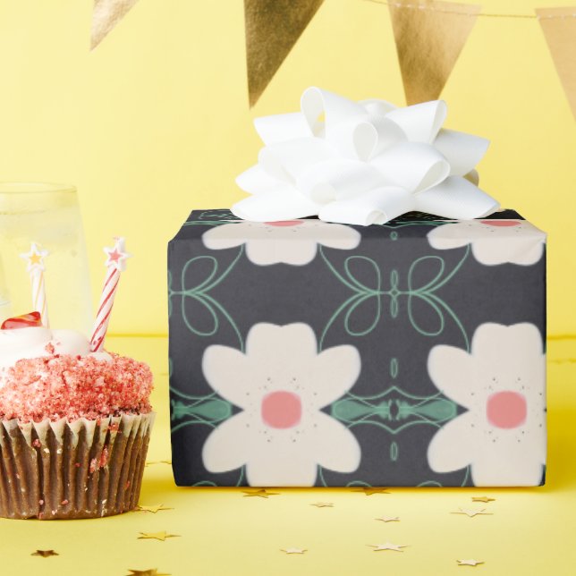 Creamy Beige Floral With Black  Wrapping Paper (Birthday Party)