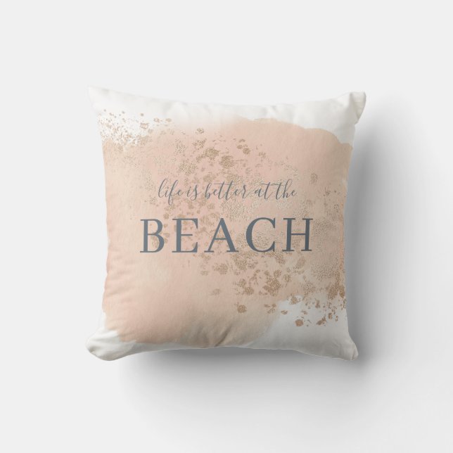 Creamy Blush Pink Blue and Gold Beach Cushion (Front)
