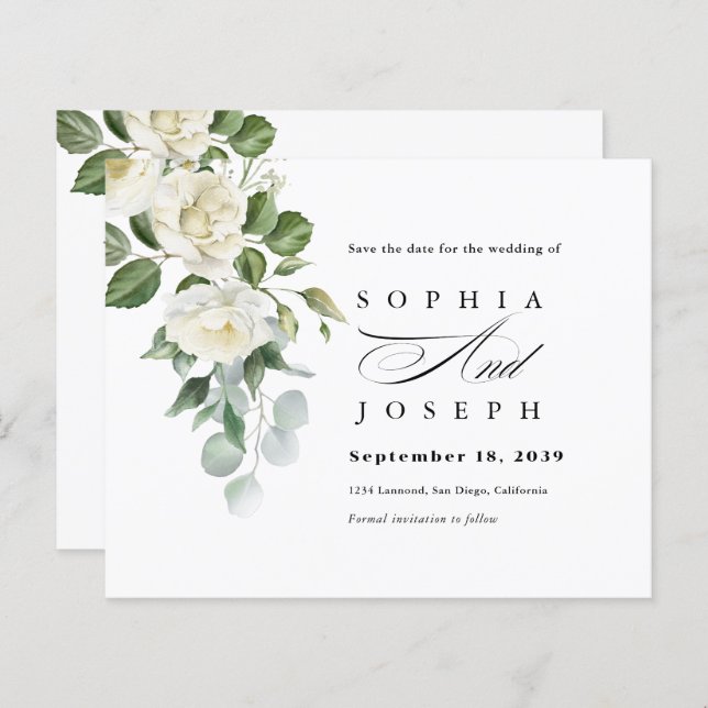 Creamy Floral Eucalyptus Wedding Save the date (Front/Back)