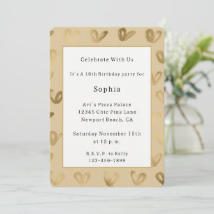 Creamy Gold White Hearts Birthday Invitation