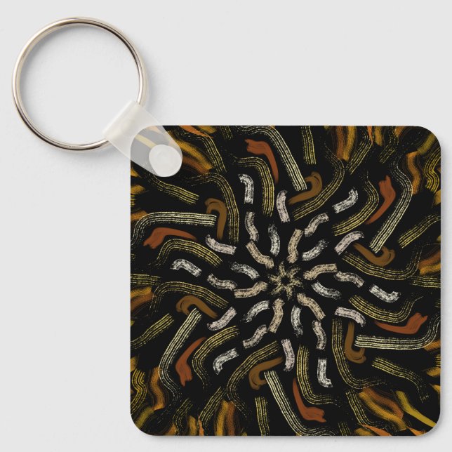 Creamy Golden Yellows Raked Pattern On Black Key Ring (Front)