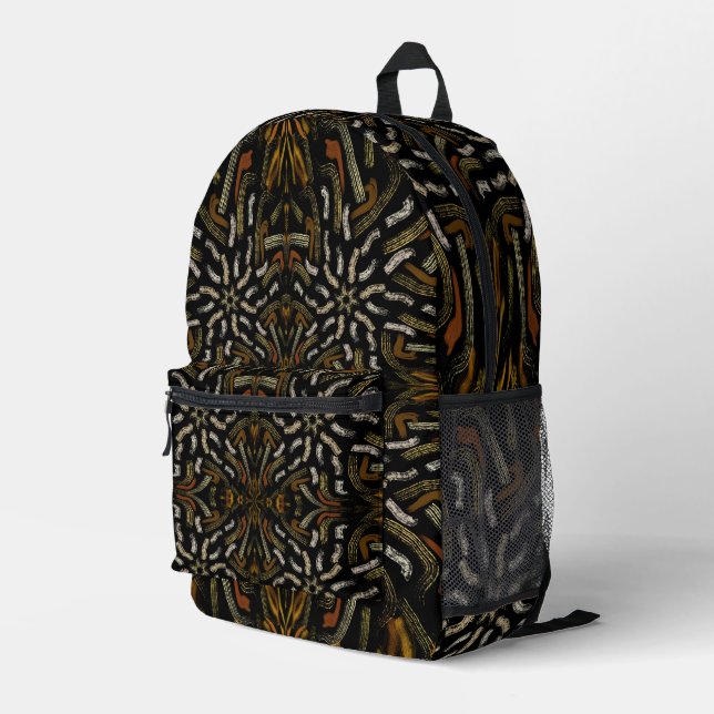 Creamy Golden Yellows Raked Pattern On Black Printed Backpack (Back Corner Right)