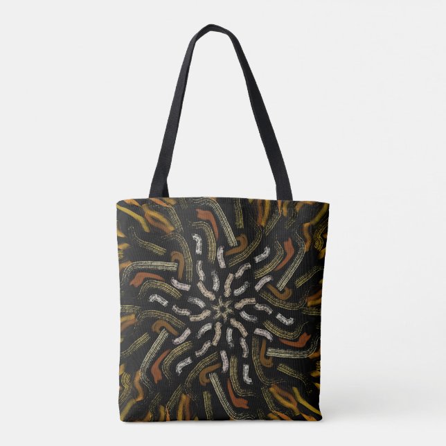 Creamy Golden Yellows Raked Pattern On Black Tote Bag (Back)