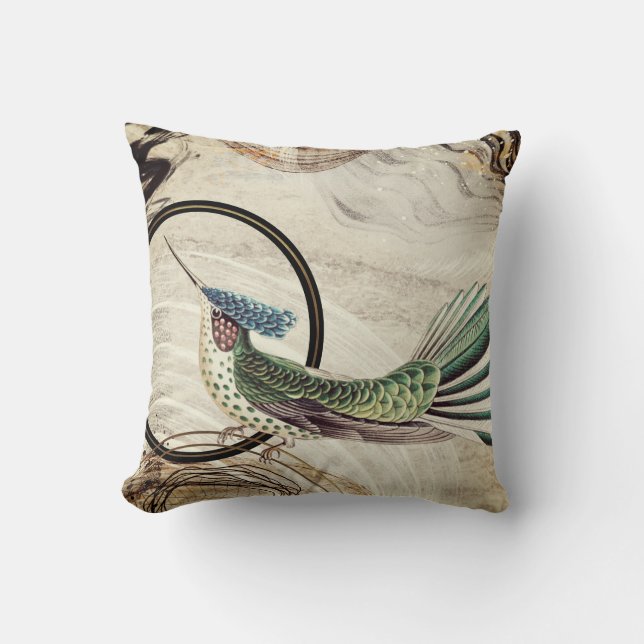 Creamy Ivory Artistic Abstract Hummingbird Design Cushion (Front)