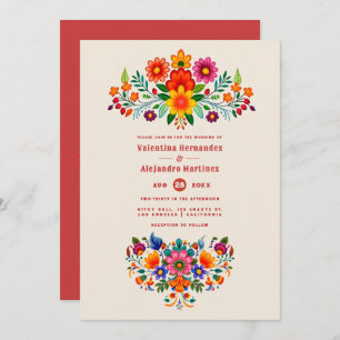 Creamy Linen & Fiesta Red Folk Art Fiesta Wedding Invitation