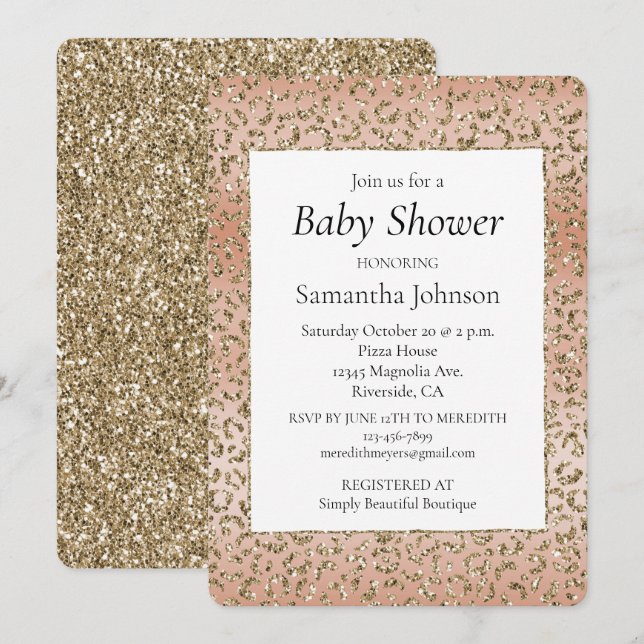 Creamy Peach Glitter Gold Leopard Print   Invitation (Front/Back)