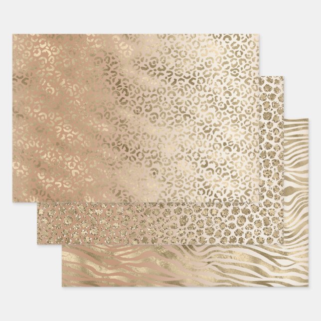 Creamy Peach Gold Leopard Animal Print Wrapping Paper Sheet (Set)