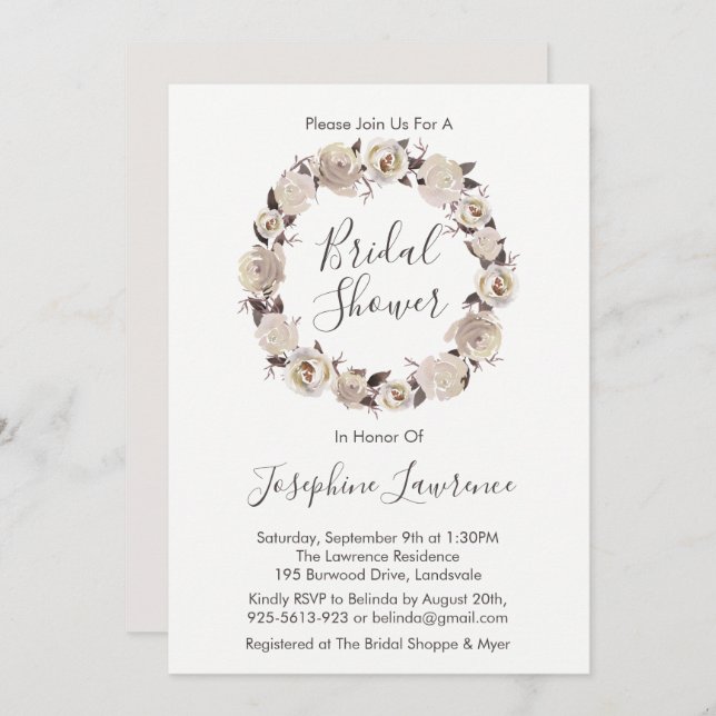 Creamy Roses Floral Wreath Bridal Shower Invites (Front/Back)