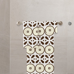 Creamy White and Brown Mosaic Geometric Pattern Bath Towel Set
