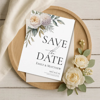 Creamy White And Lilac Floral Save The Date