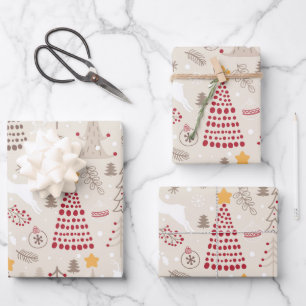 Creamy White, Christmas Tree and Deer Wrapping Paper Sheet