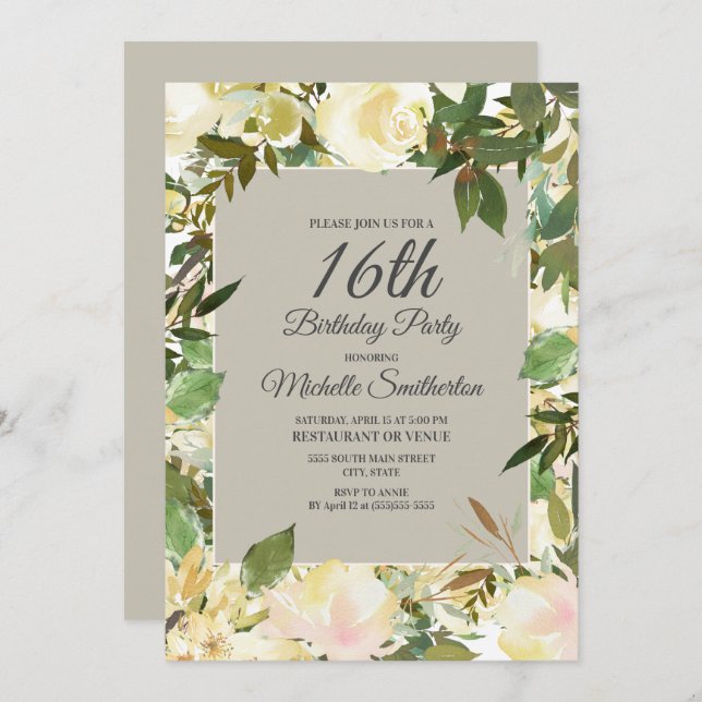 Creamy White Floral Sage Green 16th Birthday Invitation (Front/Back)