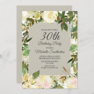 Creamy White Floral Sage Green 30th Birthday Invitation