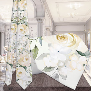 Creamy White Peony Sage Green Eucalyptus Wedding Tie