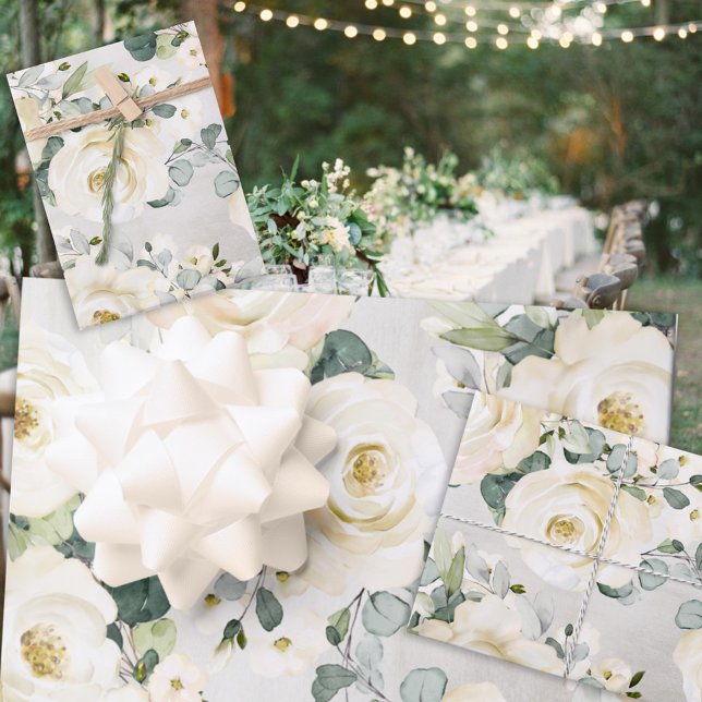 Creamy White Peony & Silver Eucalyptus Greenery Wrapping Paper Sheet (Creator Uploaded)
