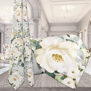 Creamy White Peony Wedding Sage Green Floral Tie