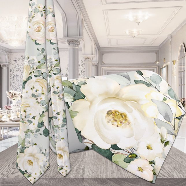 Creamy White Peony Wedding Sage Green Floral Tie (Creator Uploaded)
