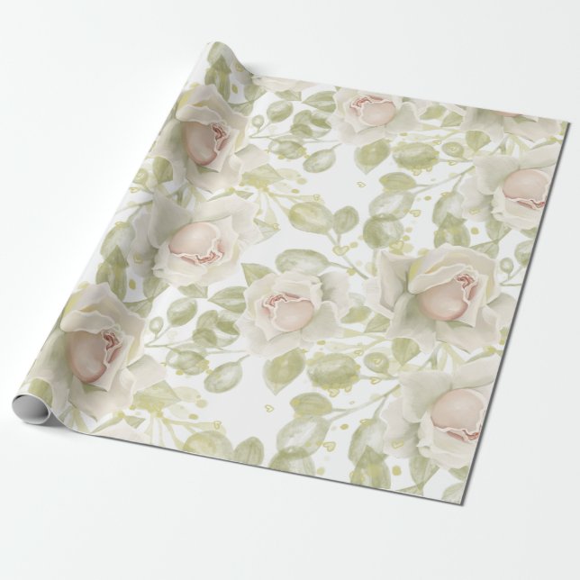 Creamy White Roses Wedding White Floral Wrapping Paper (Unrolled)