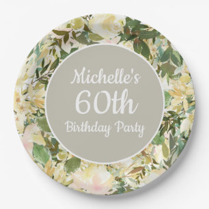 Creamy White Sage Green Floral 60th Birthday Party Paper Plate