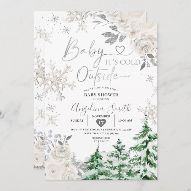 Creamy White Snowflake Floral Forest Baby Shower Invitation (Front/Back)