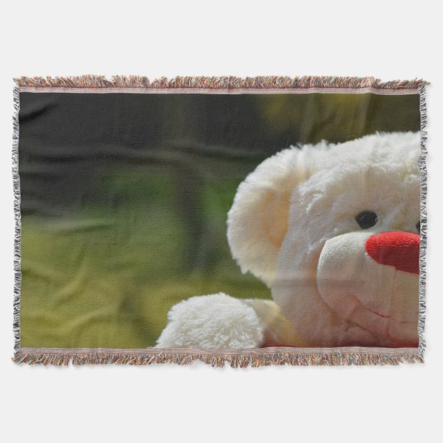 Creamy White Teddy Bear with Red Nose Throw Blanket (Front)