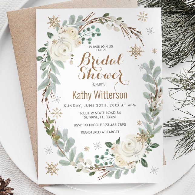 Creamy White Winter Floral Snowflake Bridal Shower Invitation (Creator Uploaded)