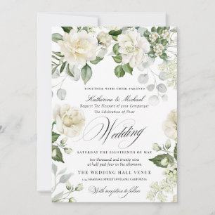 CreamyFloral Eucalyptus Script Calligraphy Wedding Invitation