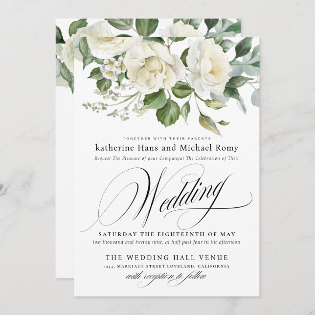 CreamyFloral Eucalyptus Script Calligraphy Wedding Invitation (Front/Back)