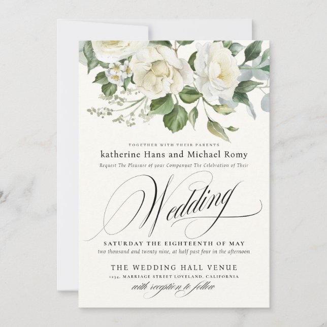 CreamyFloral Eucalyptus Script Calligraphy Wedding Invitation (Front)