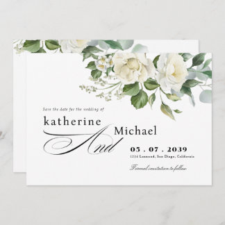 CreamyFloral Eucalyptus Script Calligraphy Wedding Save The Date