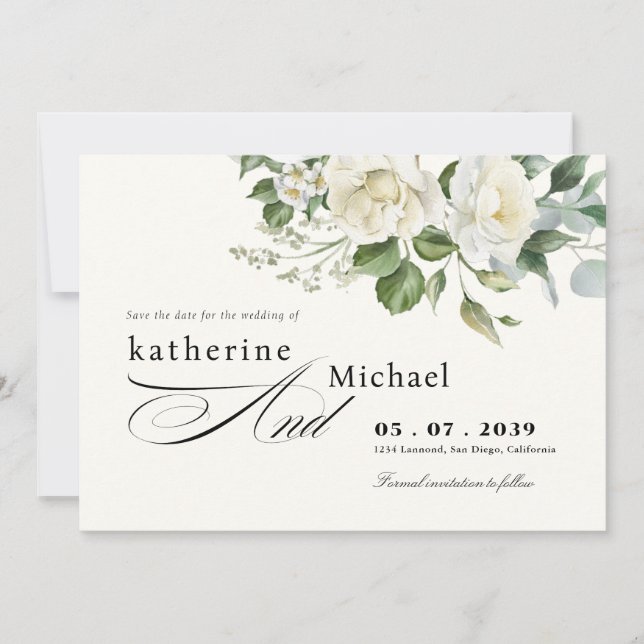 CreamyFloral Eucalyptus Script Calligraphy Wedding Save The Date (Front)