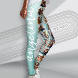 Create a Custom Photo Collage with 18 Photos teal Leggings