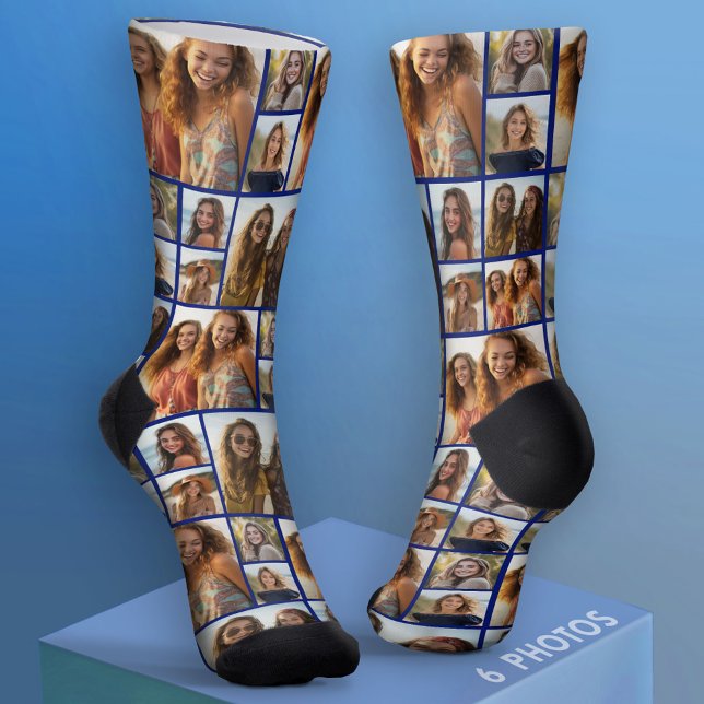 Create a Custom Photo Collage with 6 Photos Blue Socks (Custom Photo Socks)