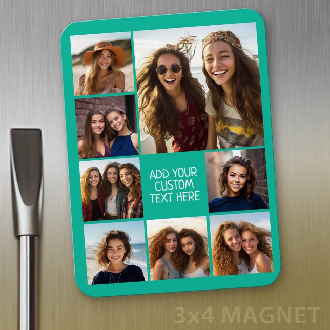 Create a Custom Photo Collage with 8 Photos Magnet (Personalized refrigerator magnet with photo collage and custom text - add 8 photos to this design)