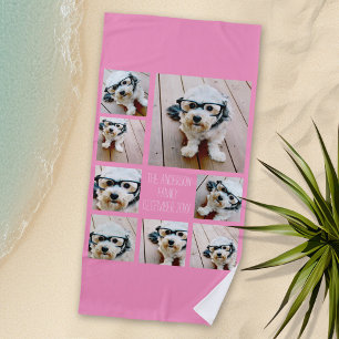 Create a Custom Photo Collage with 8 Photos - pink Beach Towel