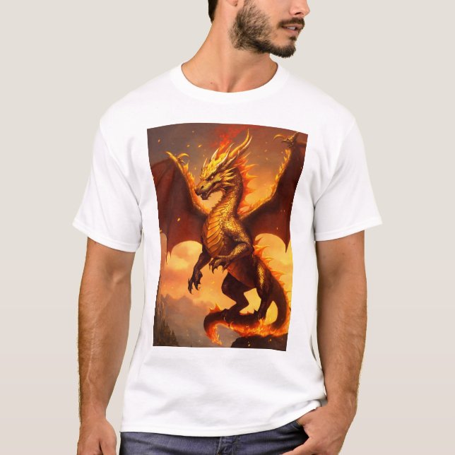 Create a cute and fluffy gold and fire dragon T-Shirt (Front)