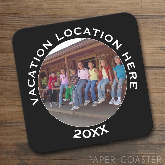 Create A Vacation Souvenir with Photo and Text Square Paper Coaster (Custom Coaster)
