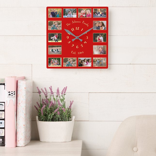 Create Custom 14 Family Photo Collage Red Gold Squ Square Wall Clock (Create Custom 14 Family Photo Collage Red Gold Squ Square Wall Clock)