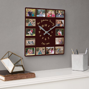 Create Custom Brown Faux Gold Family Photo Collage Square Wall Clock