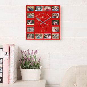 Create Custom Christmas Red Gold 14 Photo Collage Square Wall Clock