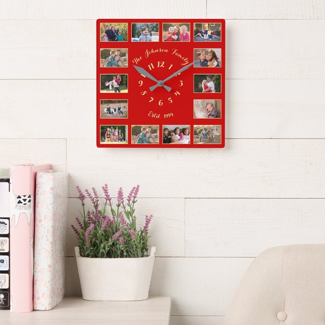 Create Custom Christmas Red Gold 14 Photo Collage Square Wall Clock (Create Custom Christmas Red Gold 14 Photo Collage Square Wall Clock)