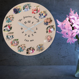 Create Custom Family Photo Collage Coffee Brown Large Clock