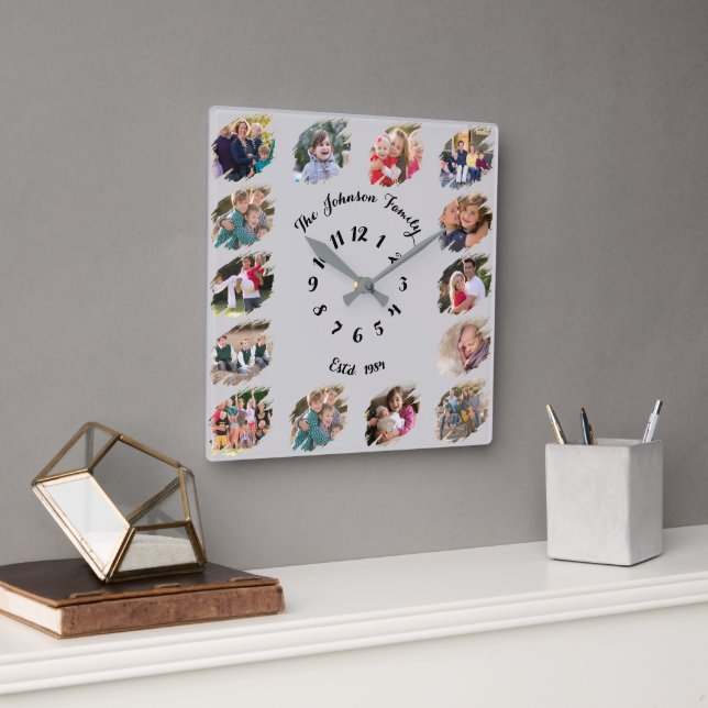 Create Custom Family Photo Collage Light Grey Grey Square Wall Clock (Office)