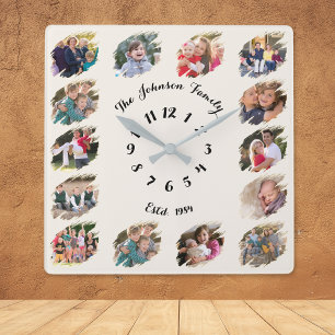 Create Custom Family Photo Collage Light Ivory Square Wall Clock