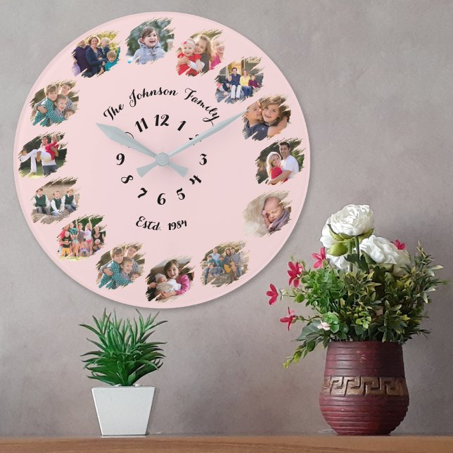 Create Custom Family Photo Collage Pastel Pink Large Clock (Create Custom Family Photo Collage Pastel Pink Large Clock)
