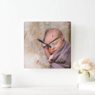 Create Custom Kids Name Photo Fun Jumbled Nursery Square Wall Clock